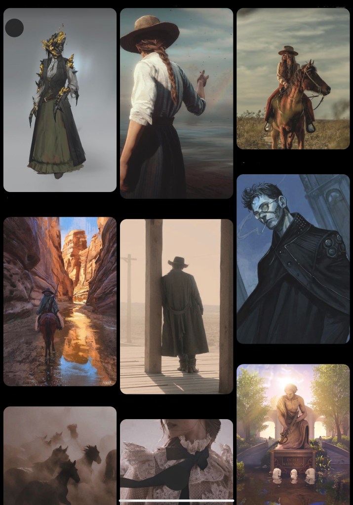 A medley of images from Pinterest showing horses running, canyons, a woman faving away holding her hand like a gun, and a screenshot from the game BIOSHOCK: INFINITE