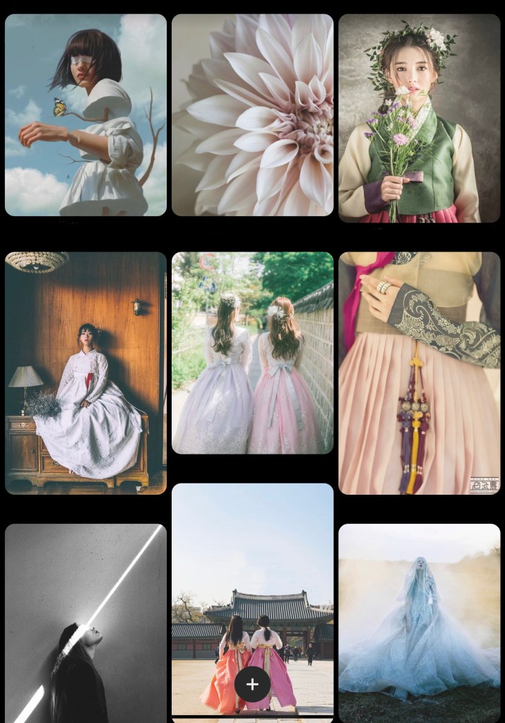 A medley of images from Pinterest of girls wearing hanbok. A close up of traditional Korean knot art (maedup) and of a pink dahlia