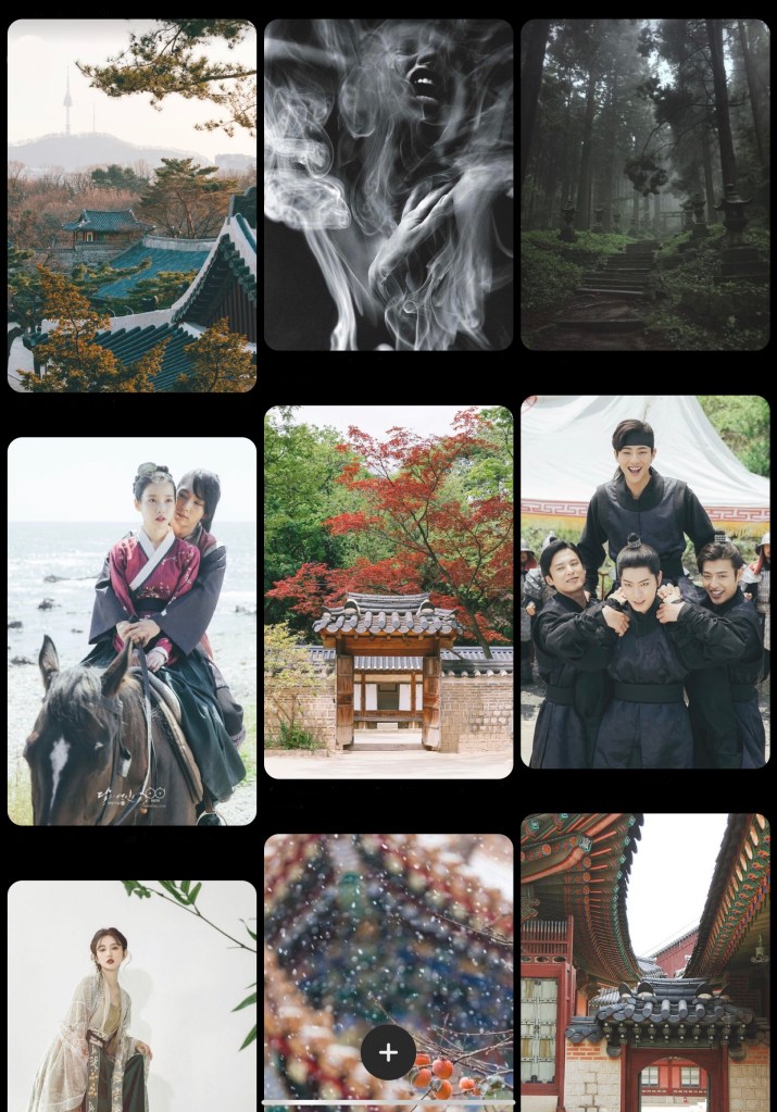 A medley of images from Pinterest showing rooftops of Korean palaces, and 2 screenshots from the K-drama SCARLET RYEO