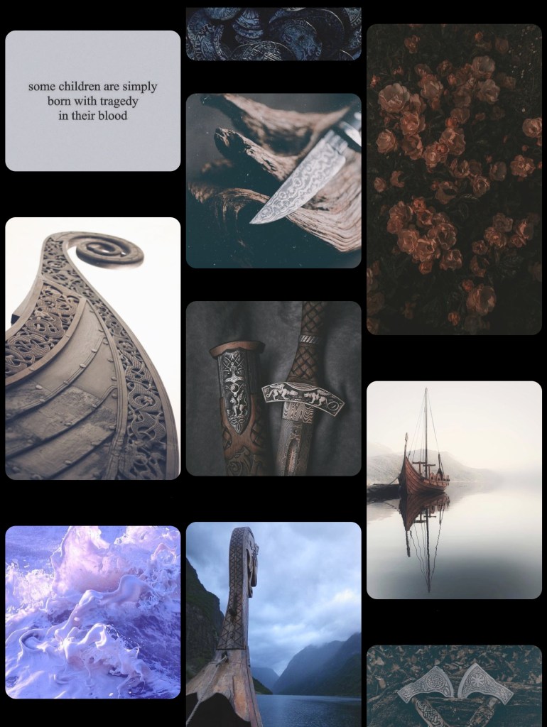 A medley of images from Pinterest showing viking ships, daggers, purple waves, and a caption "Some children are simply born with tragedy in their blood"