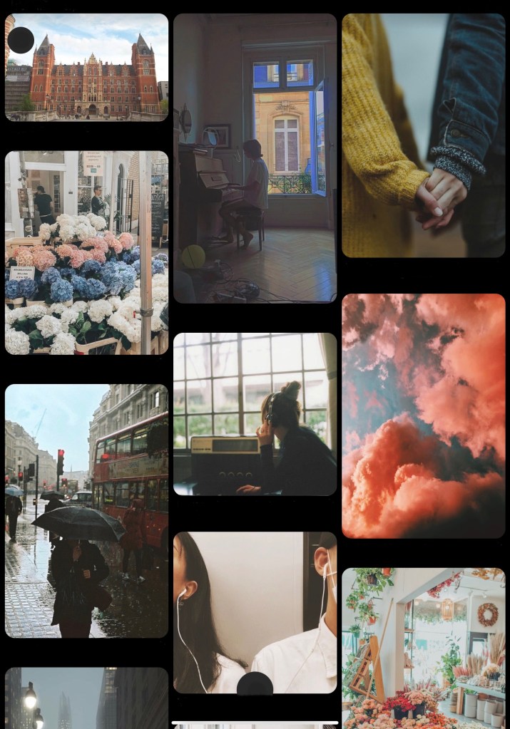 A medley of images from Pinterest of flowers, pink clouds, hands holding, people sharing music, and a rainy London scene with a red bus