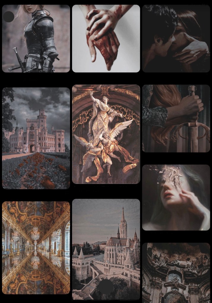A medley of images from Pinterest showing French palais, a painting of a woman dragging her fingers down her face and pulling the paint, and bloody hands grasping each other